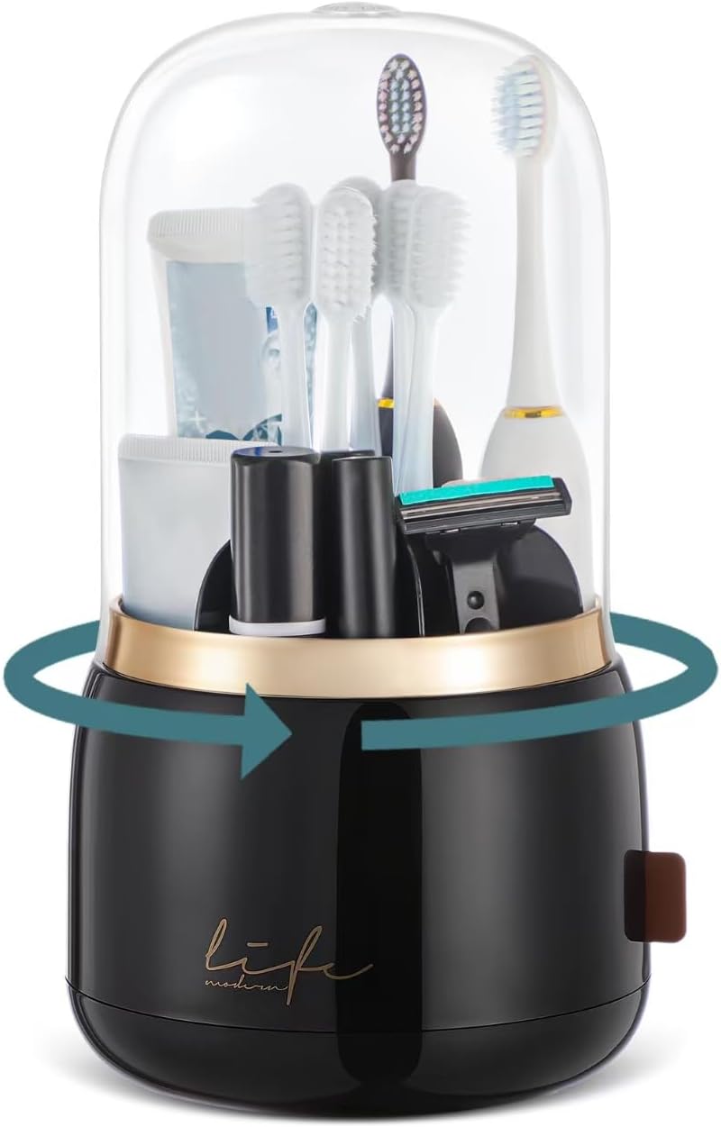 EXIN DECHEN Toothbrush Holders with Cover for Bathrooms, 360° Rotating 7-Slot Draining Water for Placing Kids Electric Toothbrushes,Toothpaste,Razors,Bathroom Counter Dresser Vanity Organizer(Black) - Image 1